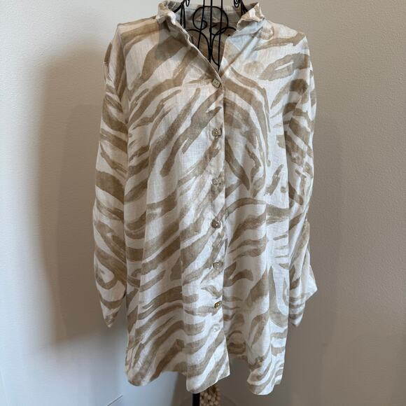 John Mark Linen Cotton Zebra Print Button Down Cinch Sleeve Tunic Top Large - Picture 4 of 14